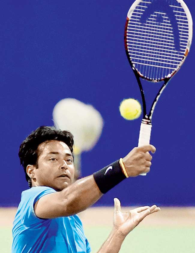 Leander Paes in action at the ongoing Chennai Open. Pic/PTI