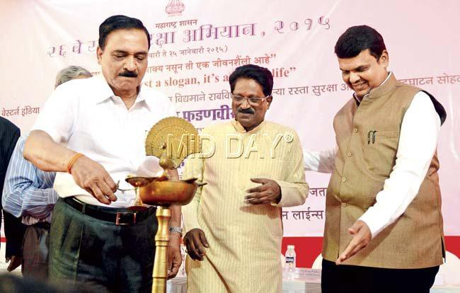 (Right to left) CM Devendra Fadnavis, Member of Parliament Arvind Sawant and state Transport minister Diwakar Raote at the Road Safety Fortnight event yesterday