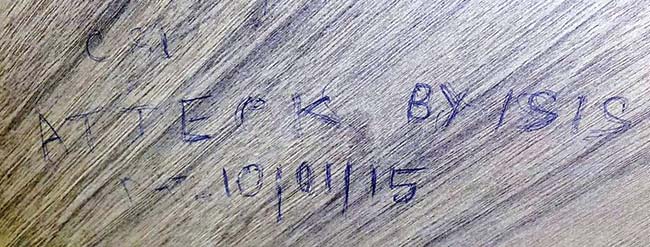 The words were found scribbled in the men’s washroom of the Terminal 2 of the city’s international airport