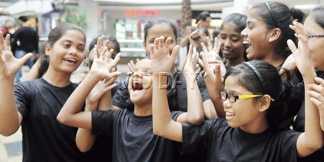A flash mob by visually impaired students from Smt. Kamala Mehta School for the Blind on World Braille Day at Infiniti Mall, Malad. Pic/Nimesh Dave