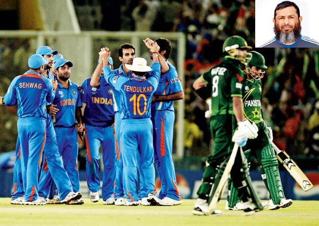 Indian players celebrate a Pakistan wicket in the 2011 World Cup semis at Mohali. Inset: Mushtaq Ahmed.