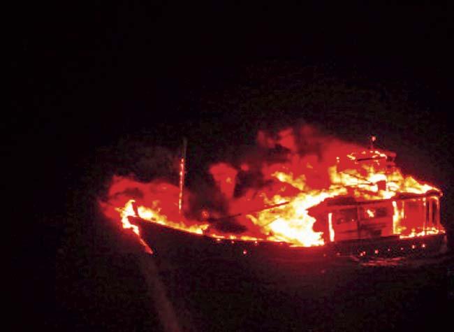 This photograph, released by the Defence Ministry on January 2, shows the Pakistani boat that blew up and sank during a high-speed chase at sea. File pic