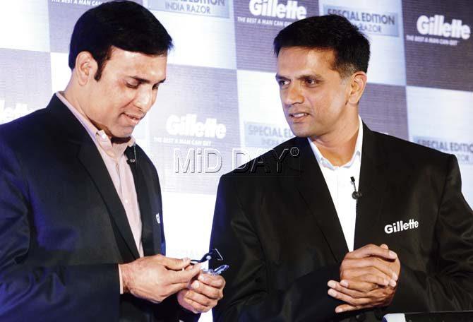 Rahul Dravid (r) with VVS Laxman at the razor launch yesterday. Pic/Sayed Sameer Abedi