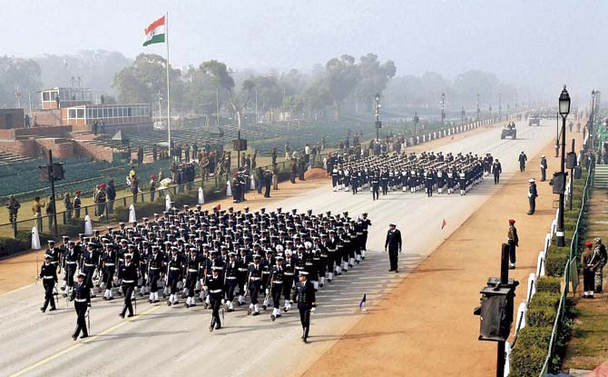 Marching contingents rehearse for the Republic Day parade in New Delhi, where US President Barack Obama will be the chief guest on January 26. Pic/PTI