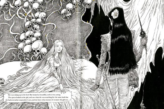 Though beautiful with flowing locks and innocent eyes, Riddell and Gaiman portray the leading women with a powerful edge (not just through the text) — be it the queen’s love for adventure and her chain mail (paired with flower in the hair) or the dark secret behind the sleeping princess who lies on a bed of skulls.