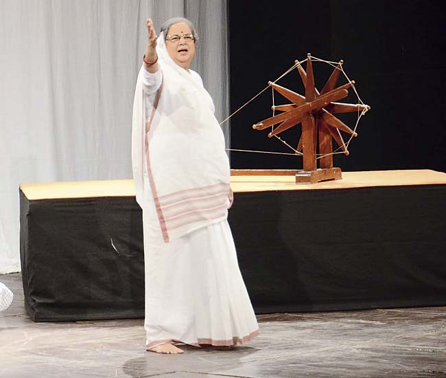 Yashodhara Deshpande Maitra plays the role of Kasturba Gandhi in the English version of the one-act play, Jagadamba at NCPA