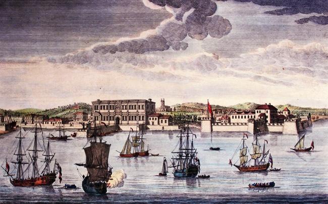 Bombay, on the Malabar Coast, belonging to the East India Company of England by Jan van Ryne 1712-60, coloured line engraving.