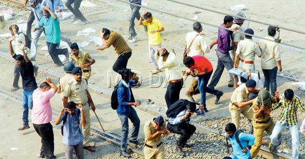 (From top) A vehicle damaged during the riots; some of the accused arrested by the police; the police resort to lathi charge to control the mob; many at Diva were injured in stone-pelting