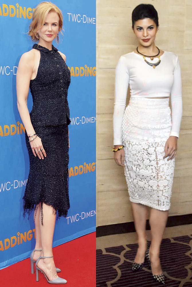 Nicole Kidman in a Nina Ricci Spring 2015 sequin pencil skirt and halter separates.  pic/ getty  (Left) Jacqueline Fernandez in a white lacy Pankaj and Nidhi pencil skirt. pic/ yogen shah