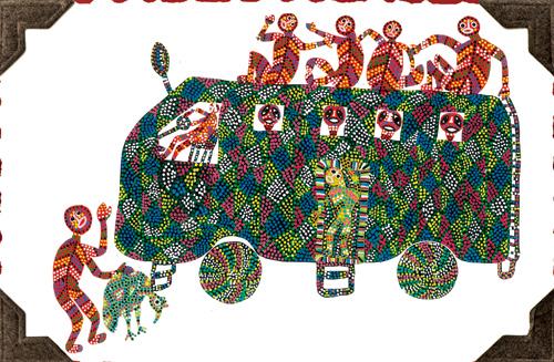 A painting by Bhil artist Sher Singh depicting tribals on a bus journey to visit their deity