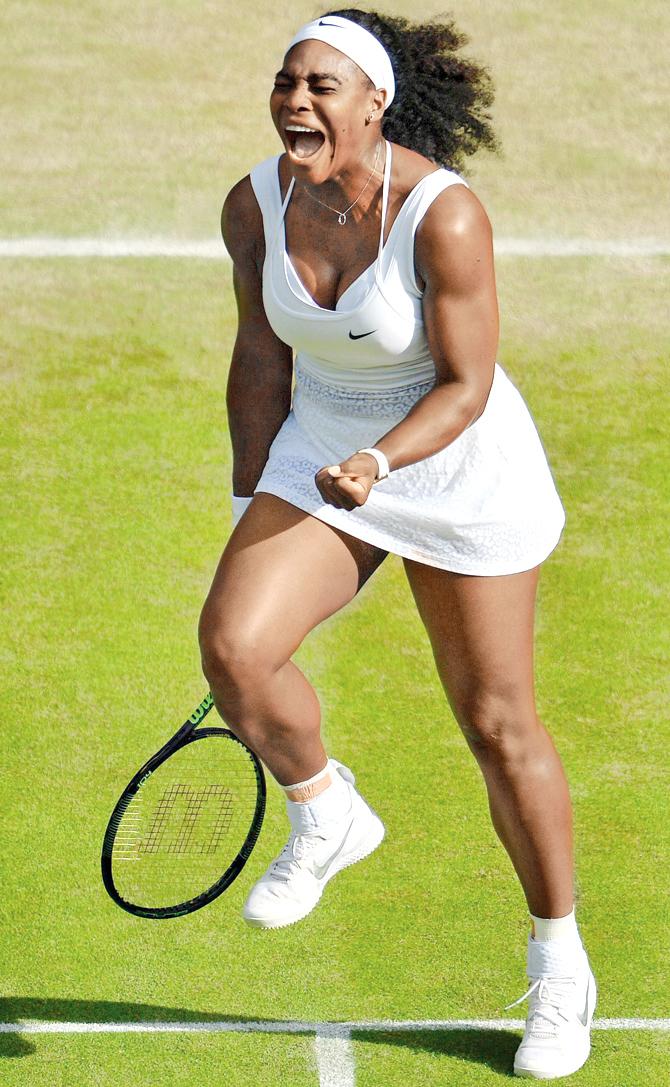 World No 1 tennis ace Serena Williams reacts during her quarter-final match against Victoria Azarenka at Wimbledon on Tuesday.