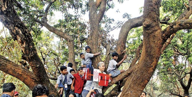 School children climb a tree to support the Save Aarey movement. File pic
