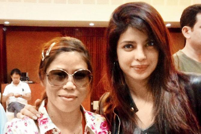 Mary Kom (left) with Priyanka Chopra on the set of Mary Kom, which won the National Award as the Best Popular Film Providing Wholesome Entertainment
