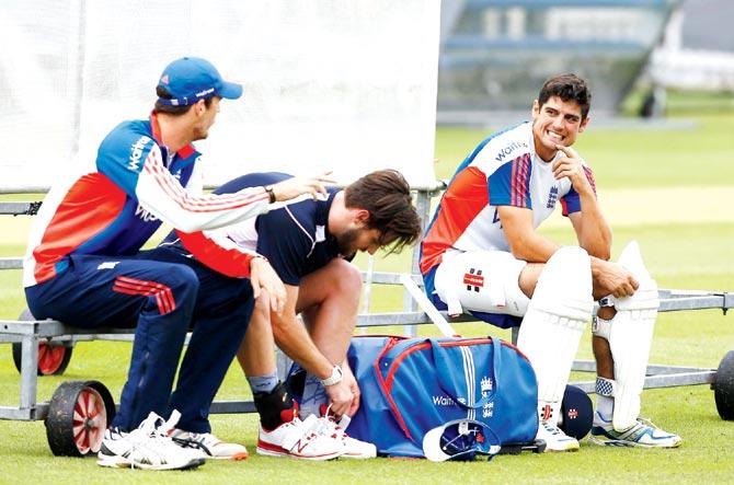 England captain Alastair Cook (right) takes a break from practice with teammates on the eve of the second Ashes Test at Lord’s yesterday. Pic/AFP