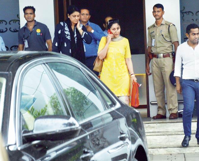Birthday boy Sanjay Dutt’s wife Manyata Dutt (yellow kurta) and Priya Dutt (black) arrive from Pune, as they step out of Kalina Gate No 8, at CSIA last afternoon after wishing the actor on his birthday. Pic/Yogen Shah