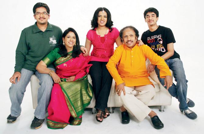 MUSIC IN THEIR GENES: Kavita Krishnamurthy second from left and Dr L Subramaniam second from right with their children, Narayana, Bindu and Ambi