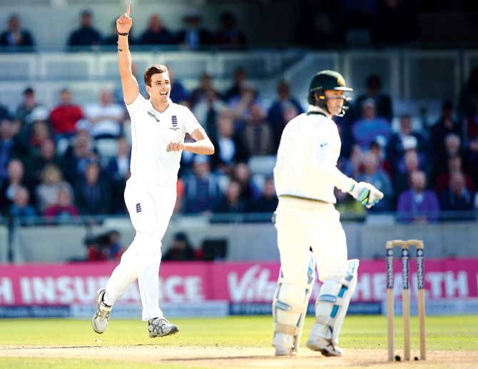 Steven Finn is delighted to dismiss Australia skipper Michael Clarke on Day Two of the third Test yesterday. Pic/Getty Images