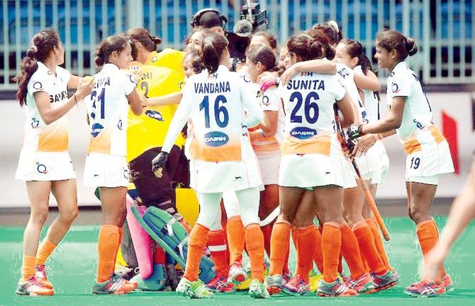 Indian women celebrate their win over Italy via shoot-out in a Hockey World League play-off match