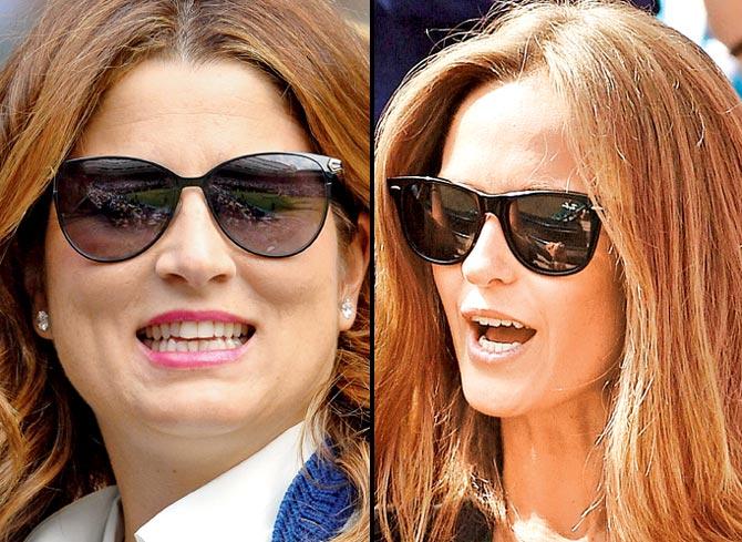 With their husbands in imperious form, Mirka Federer (left) and Kim Sears were all smiles yesterday. Pics/AFP