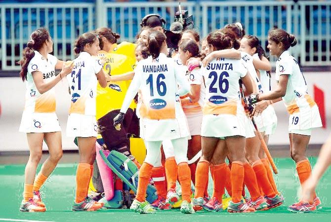 Indian women celebrate their win over Italy in a Hockey World League play-off match on Friday