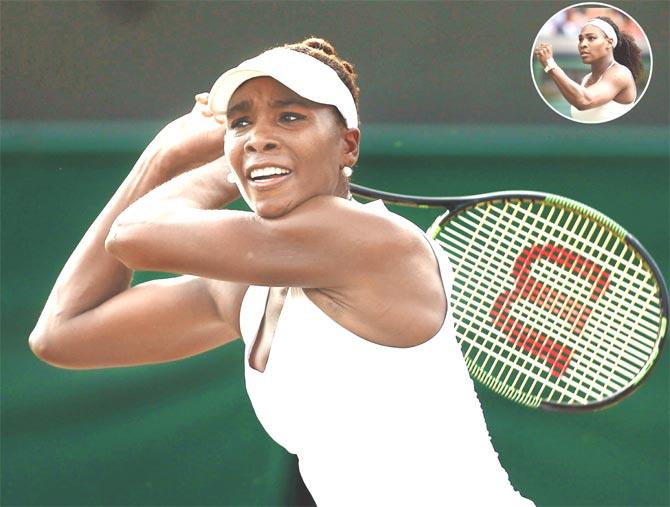 American Venus Williams plays a backhand in her third round match against Aleksandra Krunic of Serbia at the Wimbledon Lawn Tennis Championships in London on Friday (Pic/Getty Images). INSET: Serena Williams