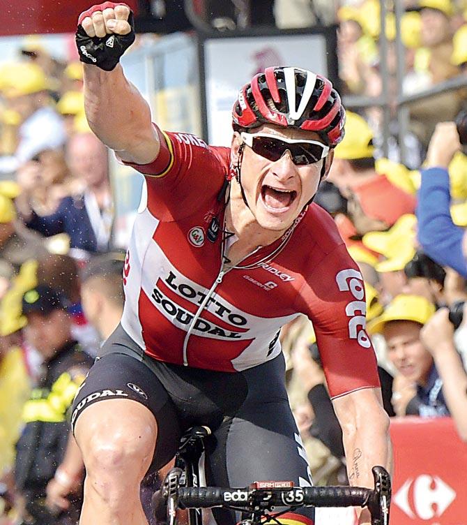 Andre Greipel celebrates winning the second stage of Tour de France yesterday. Pic/AFP