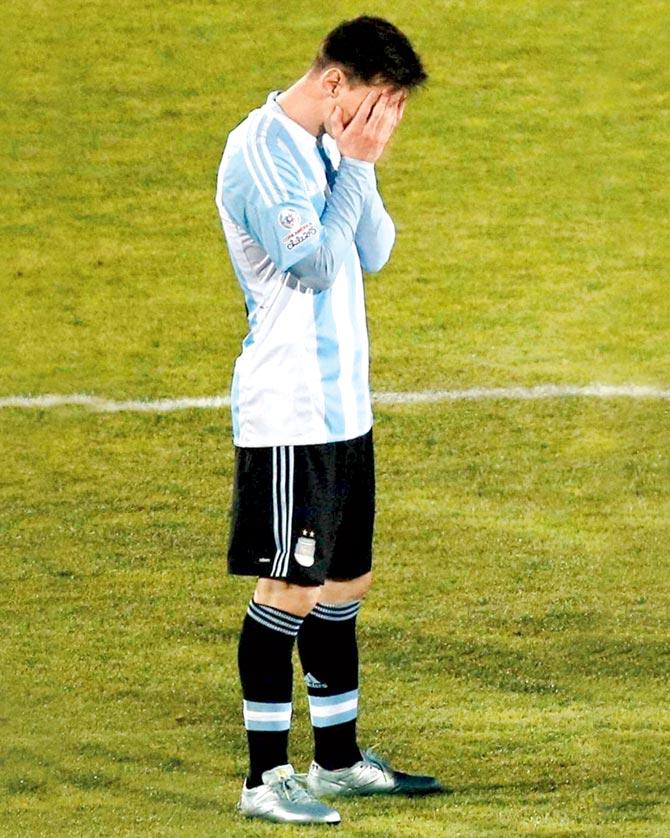 A disappointed Argentina skipper Lionel Messi during the penalty shoot-out against Chile in the Copa America in Santiago, Chile on Saturday