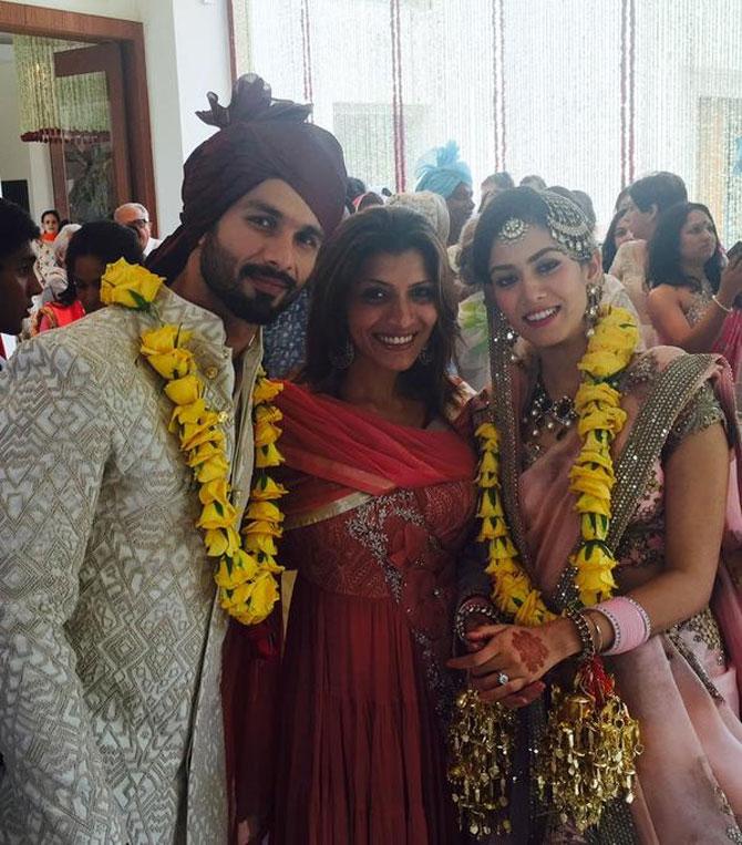 Newlyweds Shahid Kapoor and Mira Rajput with Mubina Rattonsey. Picture courtesy: Mubina Rattonsey