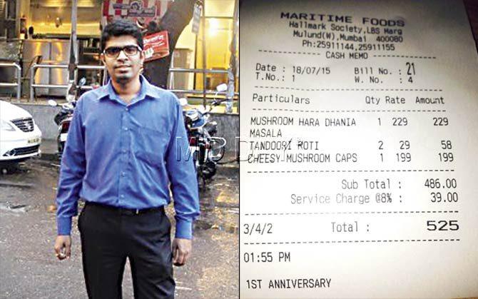 Abhishek Nakashe outside Secret Spice restaurant on LBS Marg in Mulund, where an 8% service charge on his bill. Pic/Rajesh Gupta