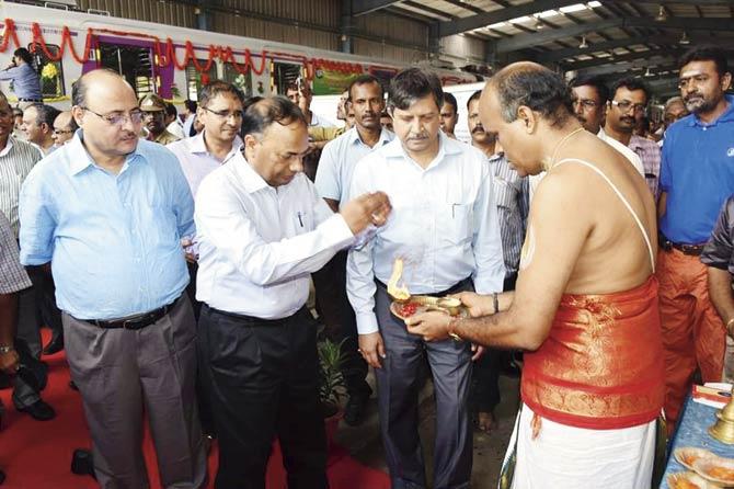A puja was performed at the Integral Coach Factory in Chennai before sending off the Bombardier rake to Mumbai