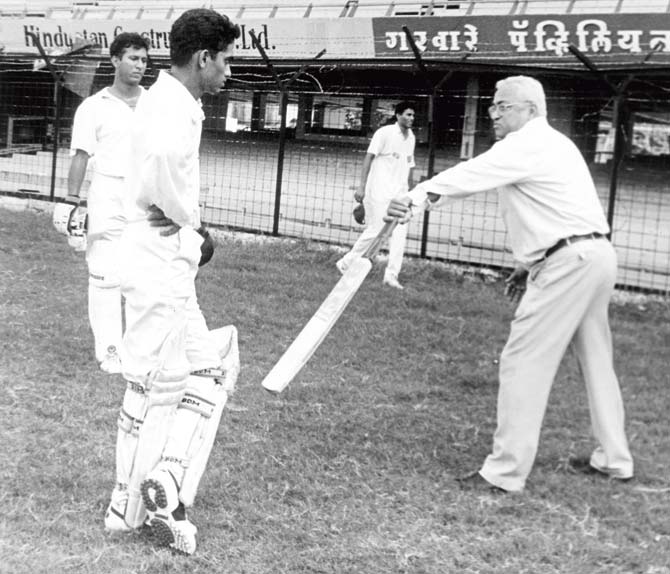Dilip Sardesai offers batting tips to Mumbai batsman Salil Vaidya at the Wankhede Stadium in the 1998-99 season. Pic/mid-day archives