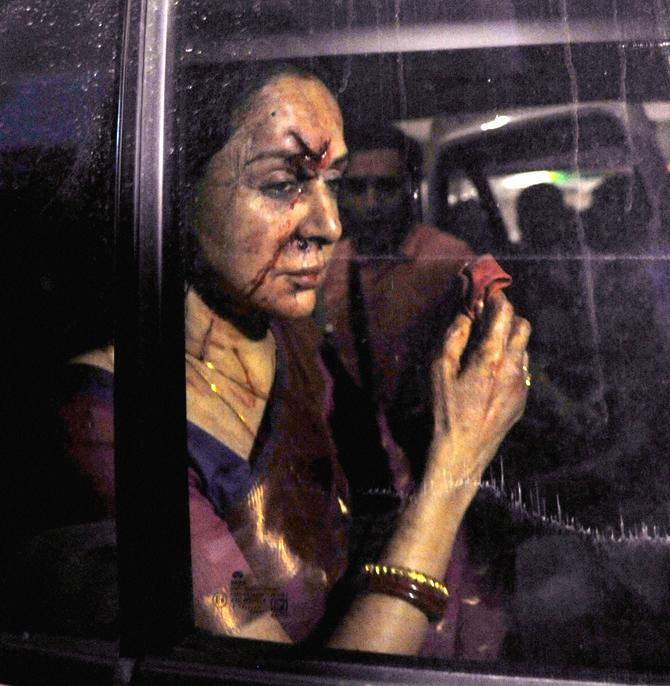 Veteran actress Hema Malini being rushed to a hospital in Jaipur after being injured in a road accident in Dausa. Pic/PTI