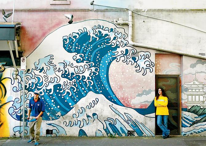 A street mural in Sydney  (in 2002), depicting Japanese artist Katsushika Hokusai’s 1829-33 woodblock classic, The Great of Kanagawa. Pic/Afp