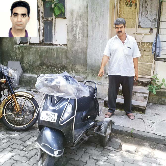 Meherdad Irani is battling for his life after suffering severe internal head injuries. (Top left) Kaikhushroo, the victim’s brother, with the specially designed scooter that Meherdad was riding on the day he was found injured in Prabhadevi