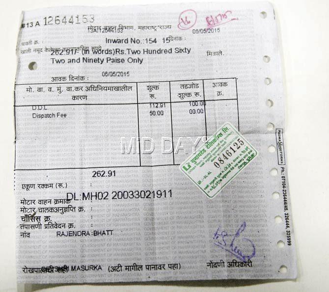 The receipt issued to Bhatt by the RTO. Pics/Nimesh Dave