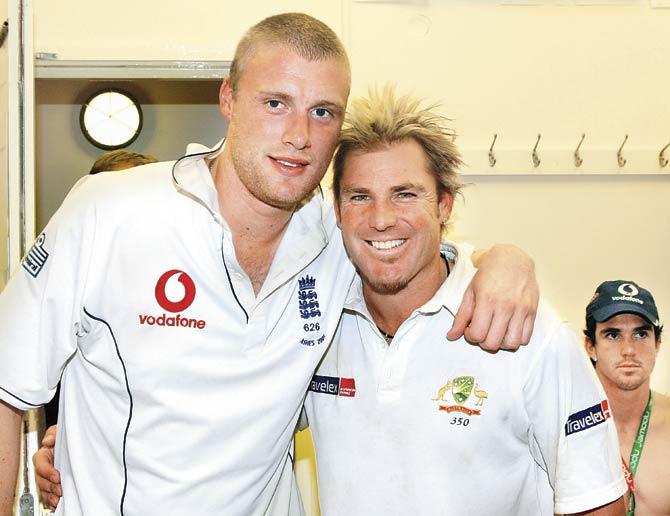 England’s Andrew Flintoff and Australian spin legend Shane Warne pose in Australia’s dressing room at the Oval in London after the hosts regained the Ashes on September 12, 2005. Pic/Getty Images