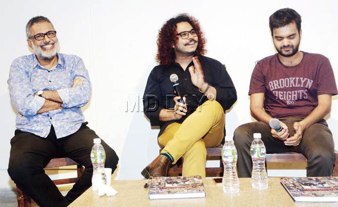 (Left) Sidharth Bhatia, Raja Sen and Rahul Desai (right) discuss film journalism at Kitab Mahal on Tuesday. This was followed by the release of Bhatia’s book, ‘The Patels of Film India’. Pic/Sayed Sameer Abedi