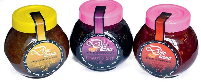 (From left) The Caramelised Onion, Dragon Fruit and Jalapeno Pepper variety of jams from Deelicious. PIC/Datta Kumbhar