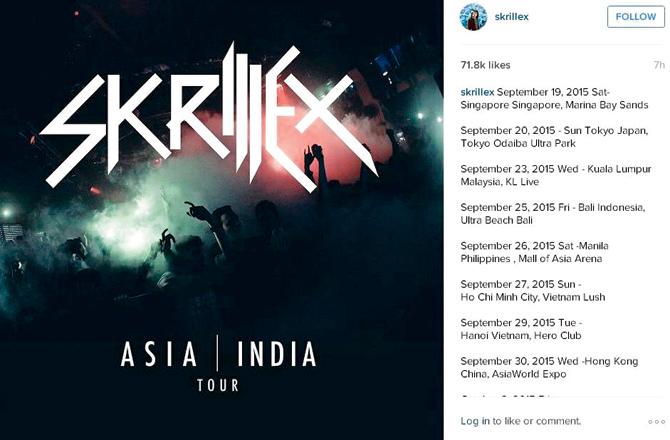 The artiste announced his Asia and India tour on his Instagram page yesterday. pic/instagram.com/skrillex