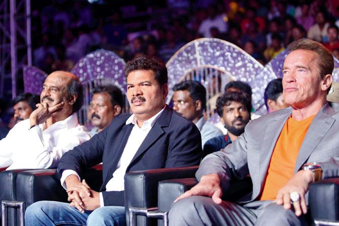 From left: Rajinikanth, Shankar with Arnold Schwarzenegger at the audio launch of Tamil film I in Chennai last year