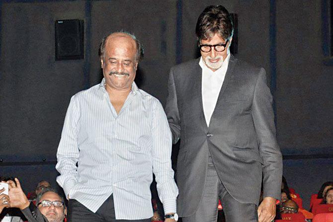 Rajinikanth and Amitabh Bachchan at the trailer launch of Kochadaiiyaan’s Hindi version