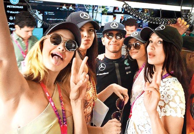 Hamilton posted this picture on Instagram with girlfriend Kendall Jenner (second from left) and her friends ahead of the Monaco GP on May 24
