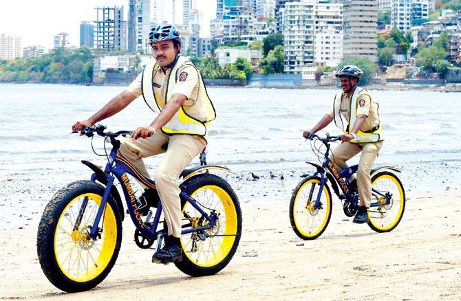 Wheel deal: Policemen patrol Girgaum Chowpatty on their newly allotted bicycles. Patrols at beaches intensify during this season. These bicycles are currently generating a lot of attention. An interesting experiment, we
