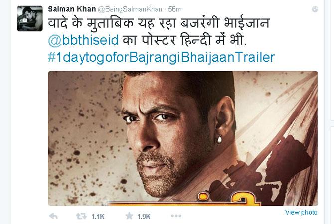 Salman Khan tweets in Hindi