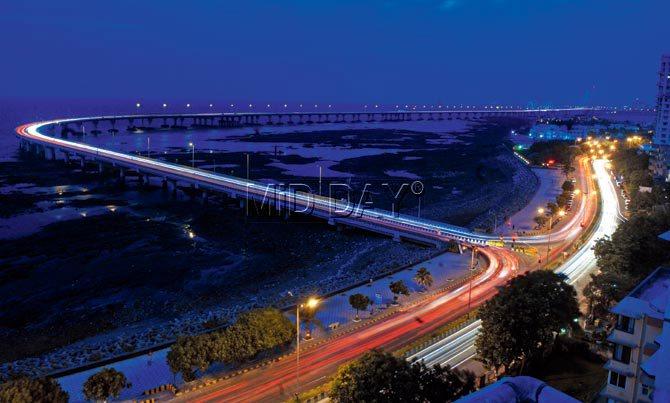 Vroom with a view:  A shot of the Bandra Worli Sea Link (BWSL). Location Courtesy: Sportsfield building. Pic/Rane Ashish