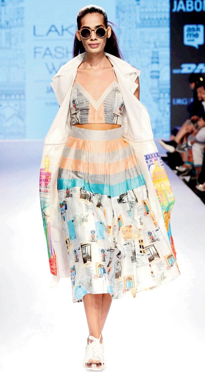 A model showcases a pleated midi by Quirkbox at the Lakme Fashion Week Summer/Resort 2015