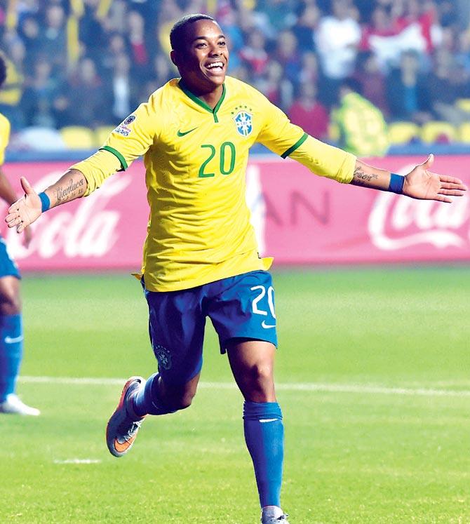 Brazil striker Robinho celebrates after scoring against Paraguay in the Copa America quarter-final in Concepcion, Chile on Saturday. Pic/AFP