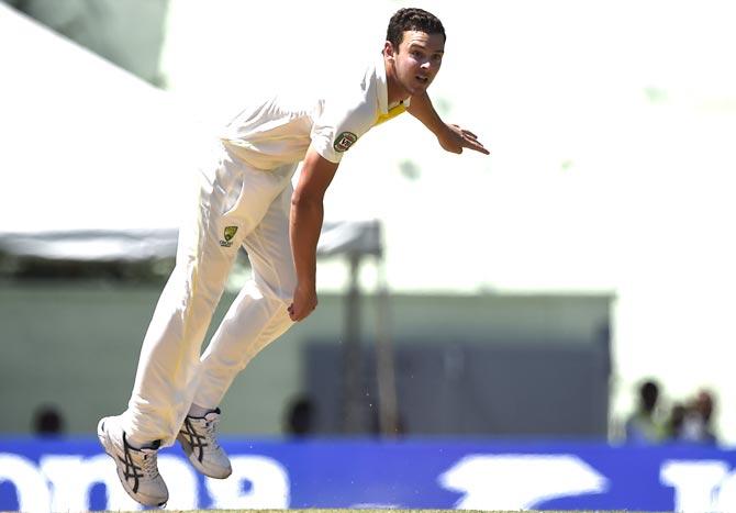 Josh Hazlewood bowls during play on the first day of the first cricket Test match between Australia and the West Indies, June 3, 2015 at Windsor Park Stadium in Roseau, Dominica. Pic/AFP