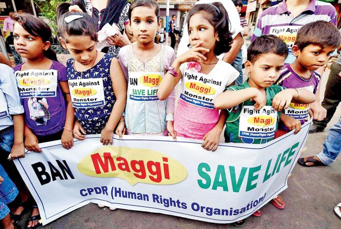 Children protest against Maggi in Kolkata on Thursday pic/pti