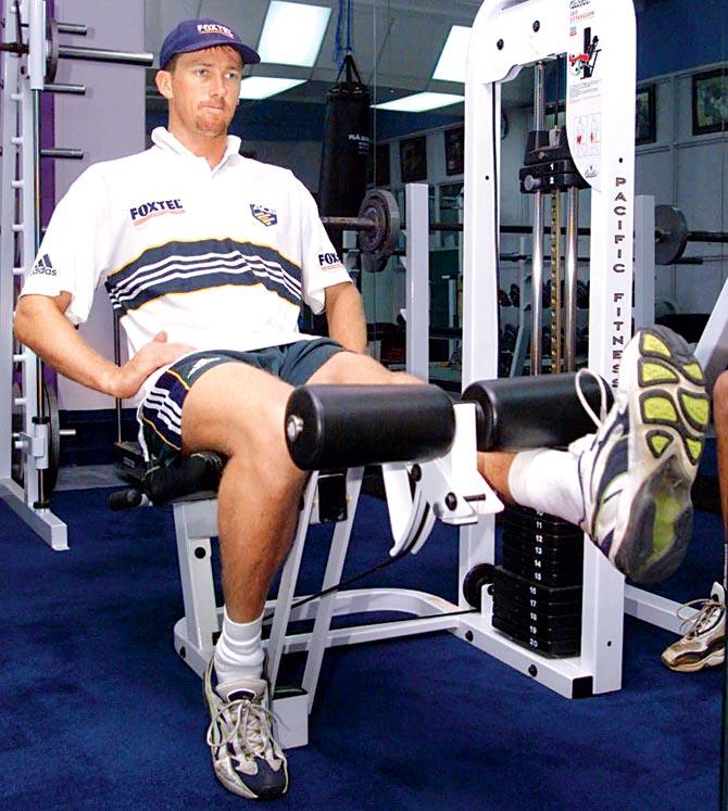Glenn McGrath exercising during a tour of Sri Lanka in 1999. Pic/Getty Images